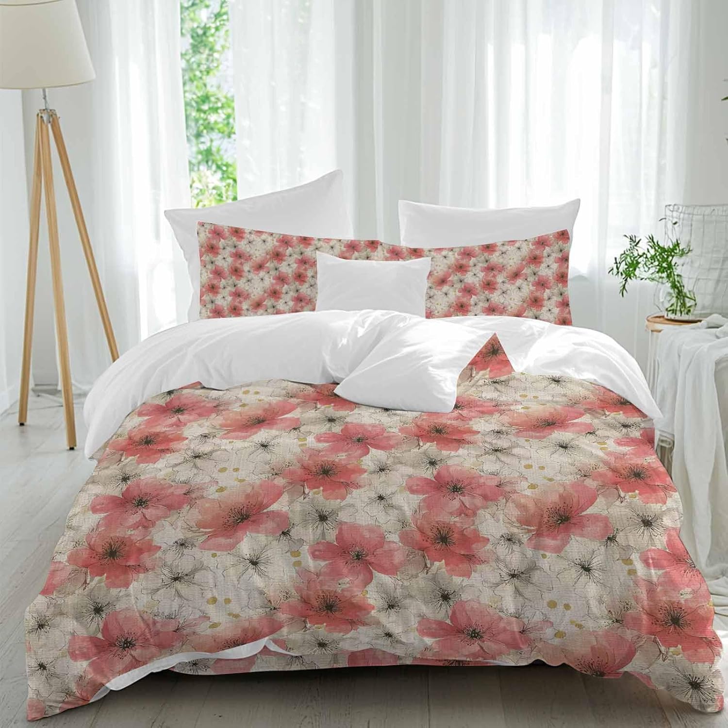 Spring Florals Duvet Cover Set Queen Size 4 Pieces Red White Floral Vintage Water Ink Painting Bedding Set with Zipper Closure, 1 Comforter Cover 90x92 Inches 1 Flat Sheet & 2 Pillow Cases