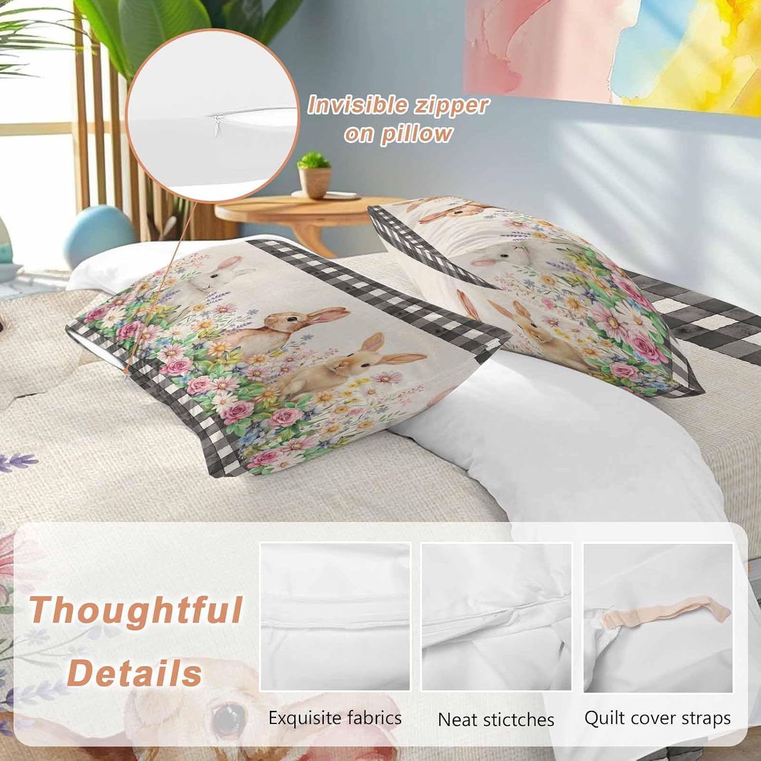 Spring Rabbits Duvet Cover Set Queen Size 4 Pieces Pink Rose Purple Flowers Daisy Vintage Linen Bedding Set with Zipper Closure, 1 Comforter Cover 90x92 Inches 1 Flat Sheet & 2 Pillow Cases