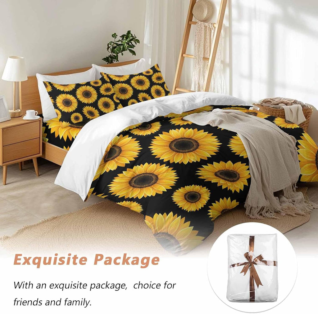 Yellow Sunflowers Duvet Cover Set Queen Size 4 Pieces Black Background Abstract Vintage Floral Bedding Set with Zipper Closure, 1 Comforter Cover 86x86 Inches 1 Flat Sheet & 2 Pillow Cases