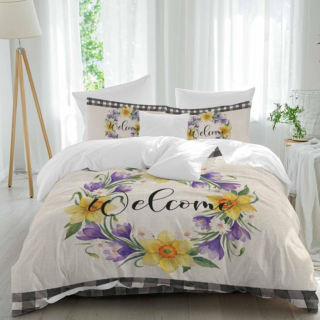 Welcome Duvet Cover Set Queen Size 4 Pieces Vintage Purple Yellow Floral Wreath Linen Texture Bedding Set with Zipper Closure, 1 Comforter Cover 86x86 Inches 1 Flat Sheet & 2 Pillow Cases