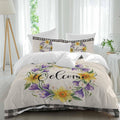 Welcome Duvet Cover Set Queen Size 4 Pieces Vintage Purple Yellow Floral Wreath Linen Texture Bedding Set with Zipper Closure, 1 Comforter Cover 86x86 Inches 1 Flat Sheet & 2 Pillow Cases
