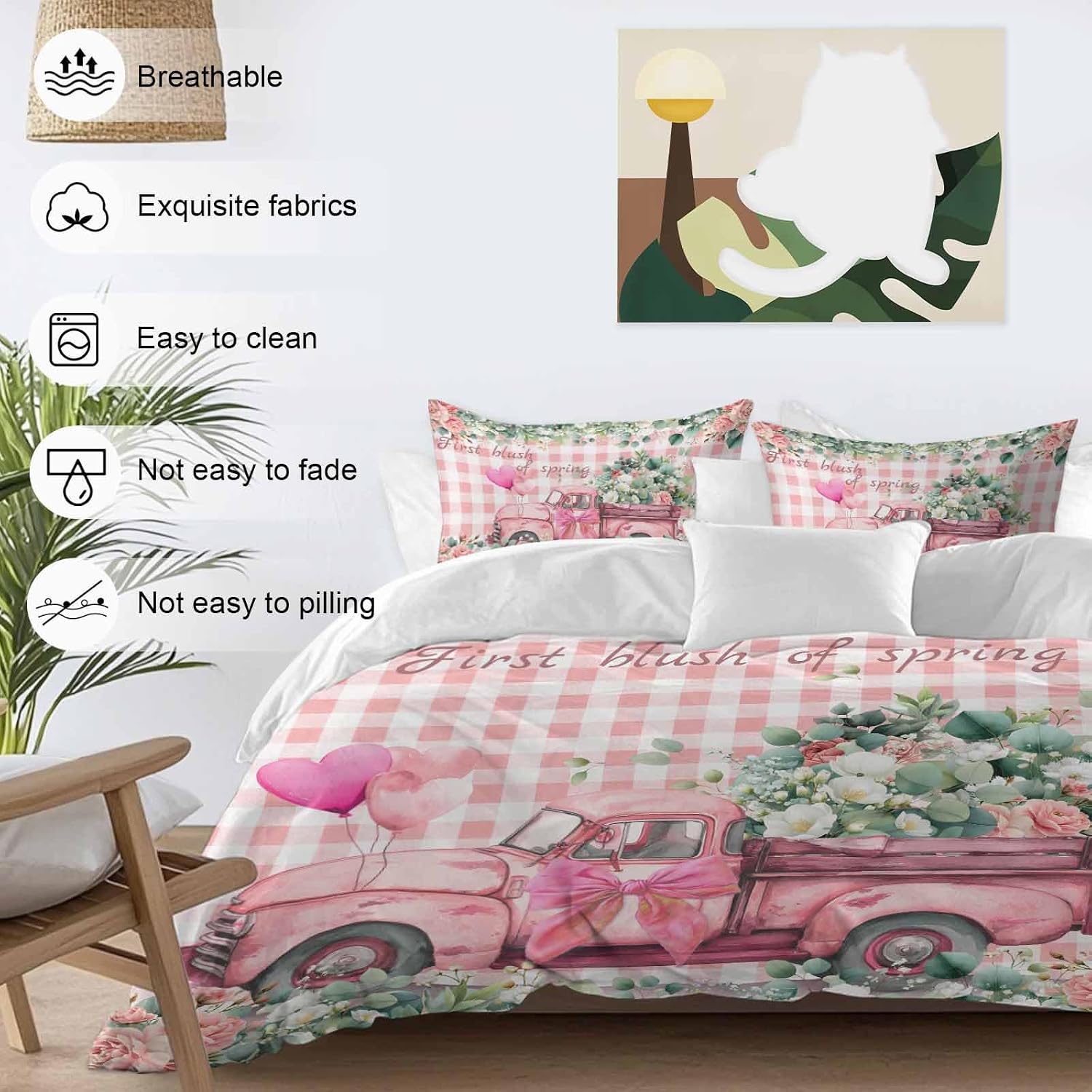 Prime Leader Pink Truck Flowers Duvet Cover Set Queen Size 4 Pieces Spring Rose Green Leaf Pink Plaid Bedding Set with Zipper Closure, 1 Comforter Cover 90x92 Inches 1 Flat Sheet & 2 Pillow Cases