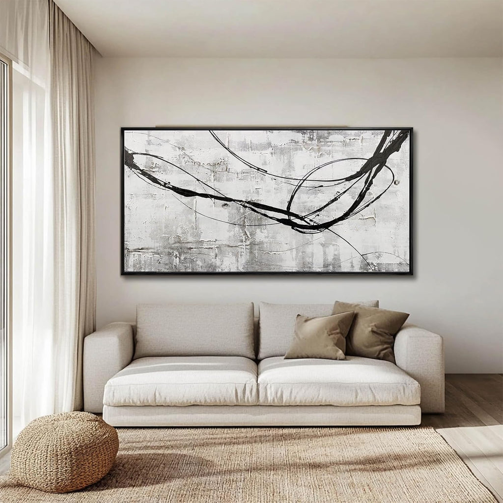 Abstract Framed Wall Art for Living Room White Pictures Canvas Black Arts Wall Decor Poster Prints Artwork for Hotel Gallery 24'x48'