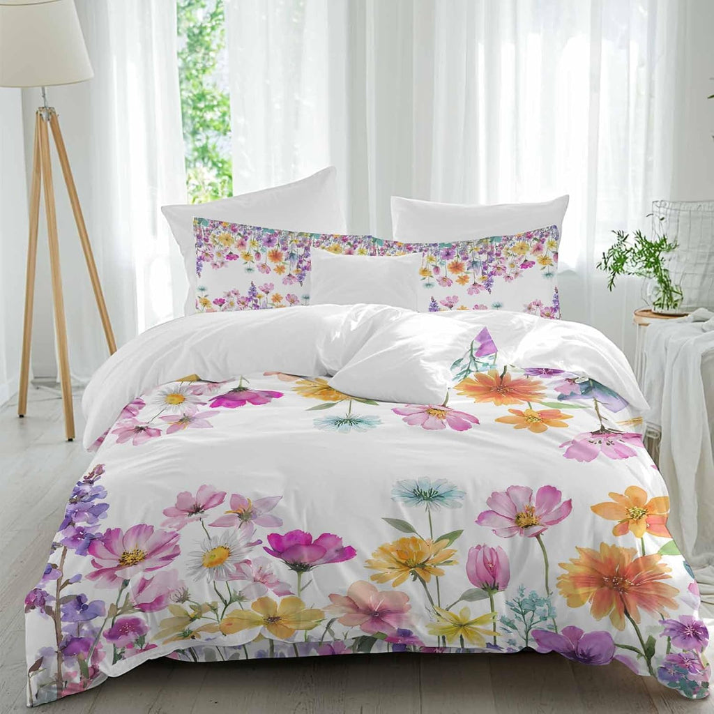 Spring Floral Duvet Cover Set Queen Size 4 Pieces Romantic Colorful Flowers Watercolor Country Leaf Bedding Set with Zipper Closure, 1 Comforter Cover 86x86 Inches 1 Flat Sheet & 2 Pillow Cases