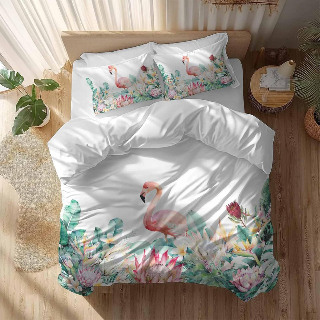 Pastoral Duvet Cover Set Queen Size 4 Pieces Watercolors Green Tropical Floral Plants Flaming Birds Bedding Set with Zipper Closure, 1 Comforter Cover 90x92 Inches 1 Flat Sheet & 2 Pillow Cases