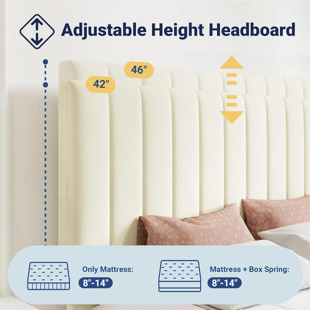 Allewie King Size Storage Bed Frame, Vertical Channel Tufted Adjustable Headboard, Velvet Upholstered Platform Bed with 4 Oversized Underbed Drawers, Wooden Slats Support, No Box Spring Needed, Cream