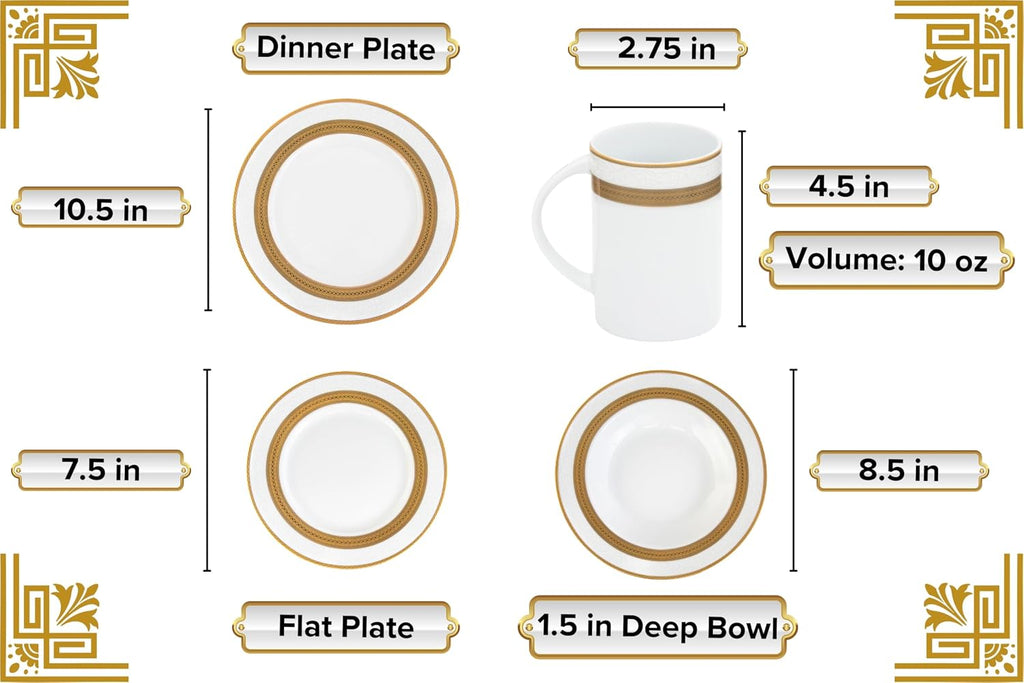 40 Piece Luxurious Dinnerware Sets for 8 – Includes Plates, Mugs, Bowls – White and Gold Rope Design Dish Set for Kitchen Table, Everyday Dining or Formal Use (Rope Gold)