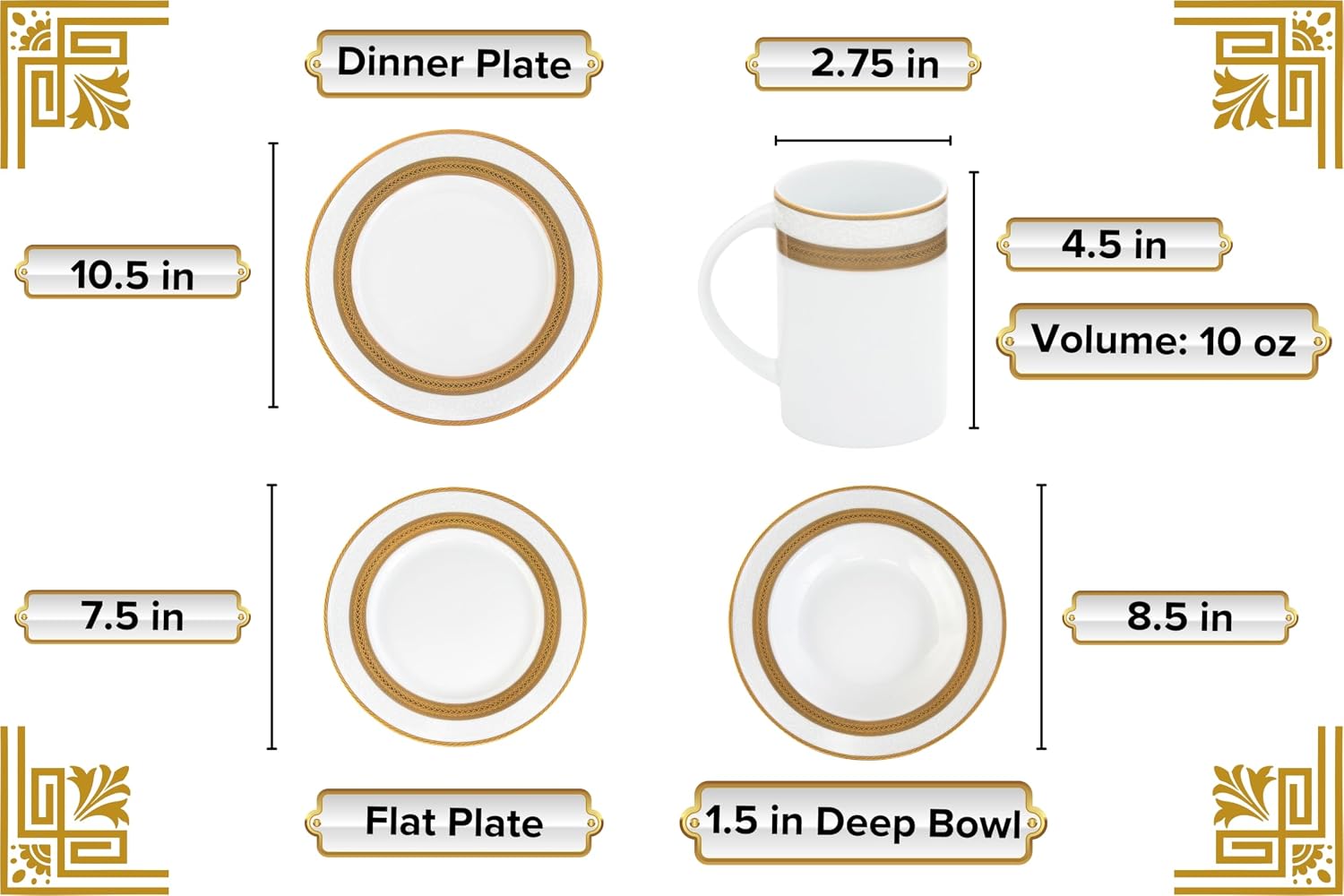 40 Piece Luxurious Dinnerware Sets for 8 – Includes Plates, Mugs, Bowls – White and Gold Rope Design Dish Set for Kitchen Table, Everyday Dining or Formal Use (Rope Gold)