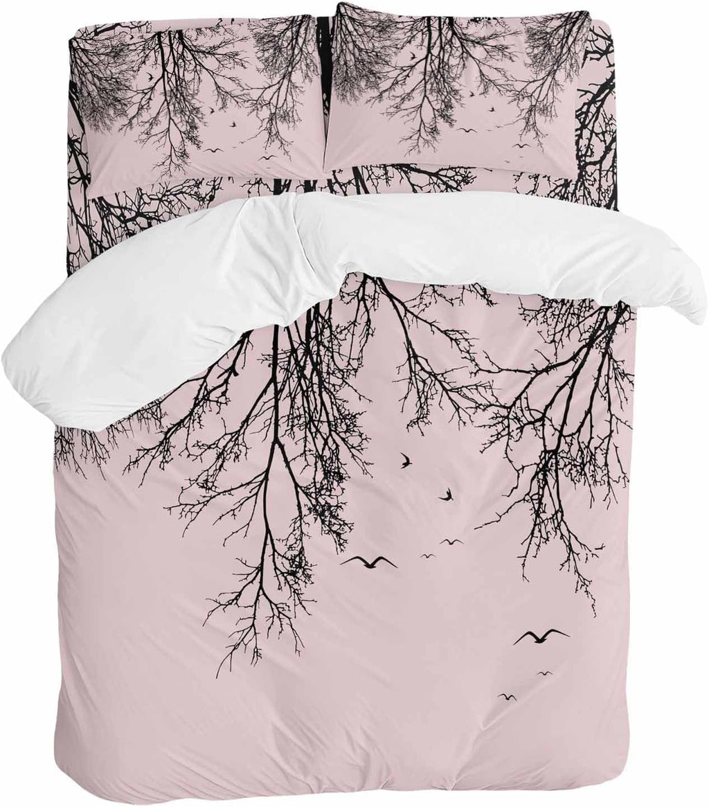 Prime Leader Tree Branches Bird Duvet Cover Set Queen Size 4 Pieces Pink Background Black Deadwood Bedding Set with Zipper Closure, 1 Comforter Cover 86x86 Inches 1 Flat Sheet & 2 Pillow Cases