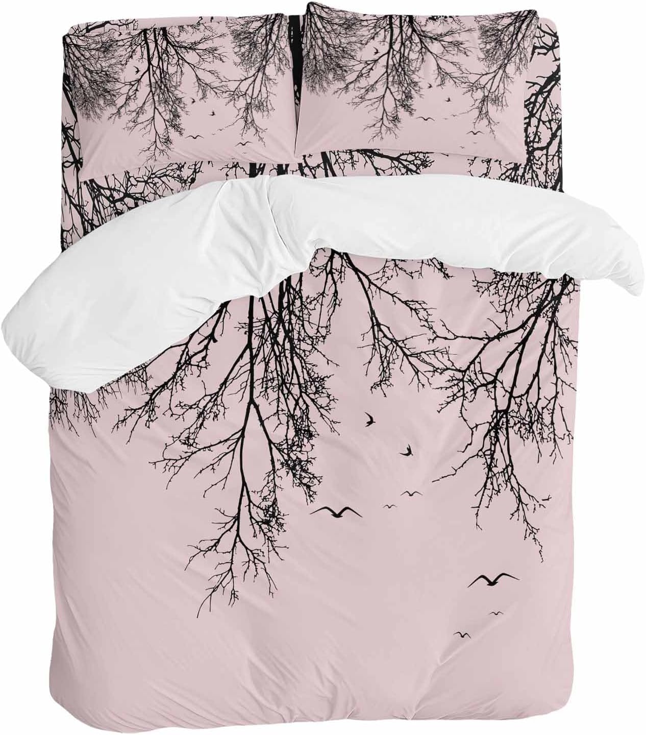 Prime Leader Tree Branches Bird Duvet Cover Set Queen Size 4 Pieces Pink Background Black Deadwood Bedding Set with Zipper Closure, 1 Comforter Cover 86x86 Inches 1 Flat Sheet & 2 Pillow Cases
