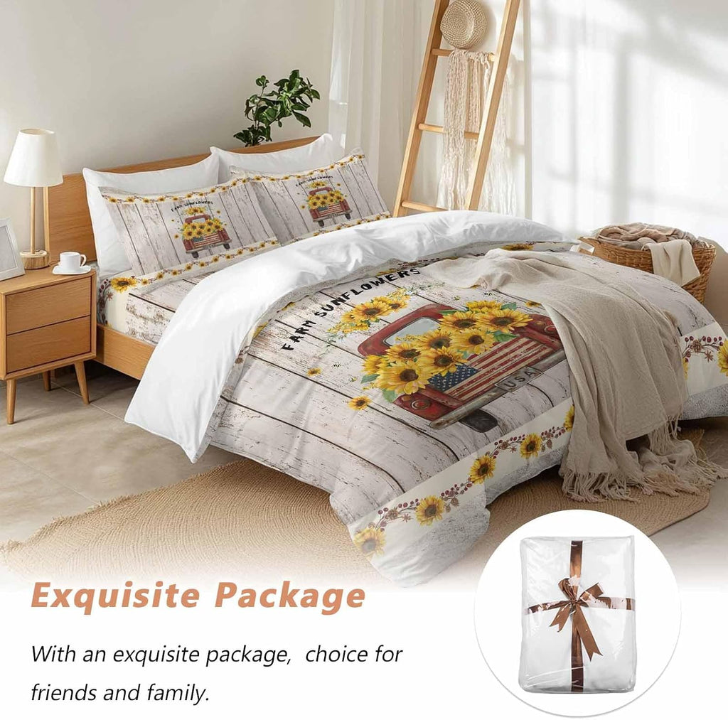 Farm Sunflowers Duvet Cover Set Queen Size 4 Pieces Summer Floral Truck Leaves Fruit Wood Grain Bedding Set with Zipper Closure, 1 Comforter Cover 86x86 Inches 1 Flat Sheet & 2 Pillow Cases
