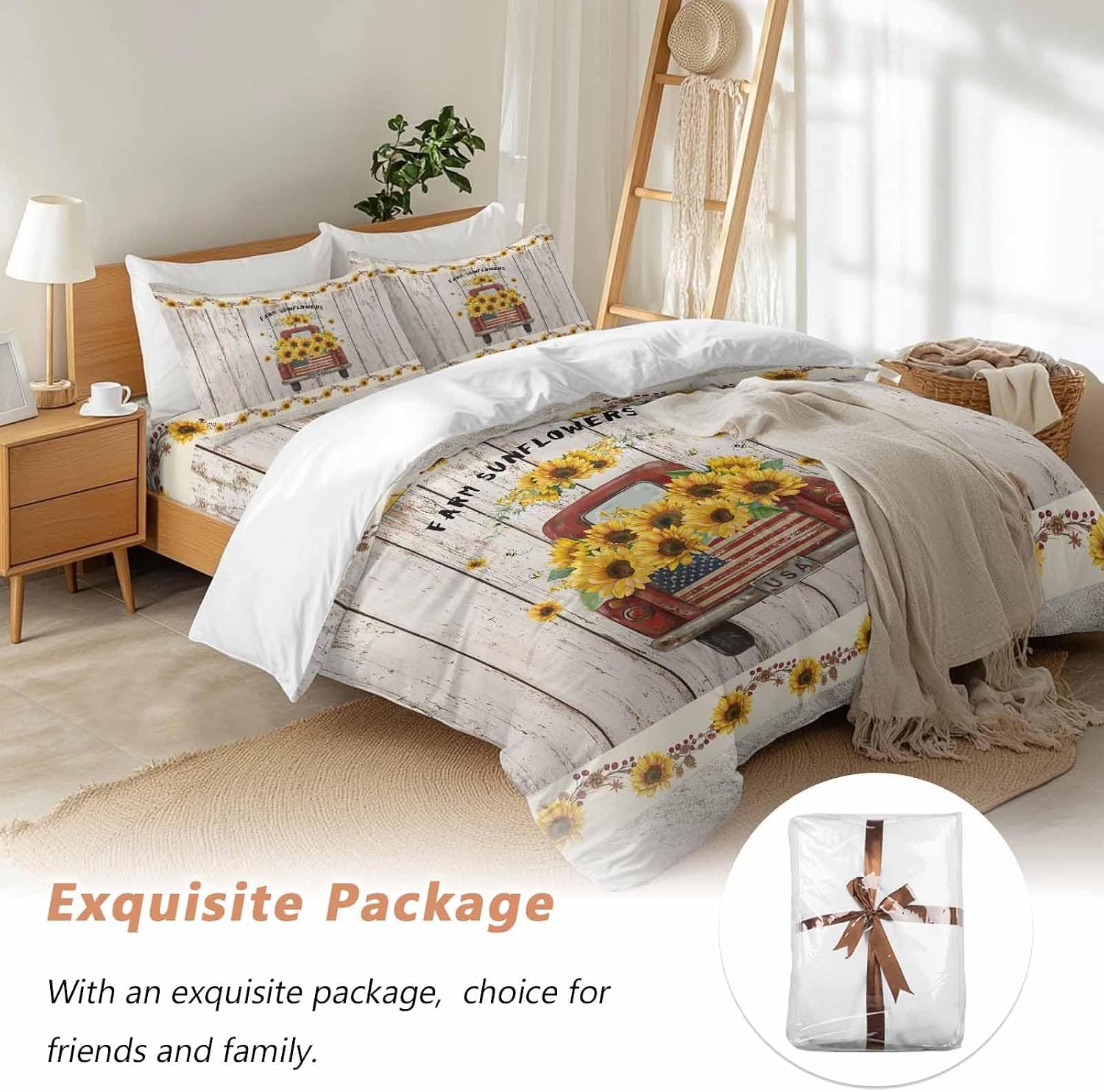 Farm Sunflowers Duvet Cover Set Queen Size 4 Pieces Summer Floral Truck Leaves Fruit Wood Grain Bedding Set with Zipper Closure, 1 Comforter Cover 86x86 Inches 1 Flat Sheet & 2 Pillow Cases