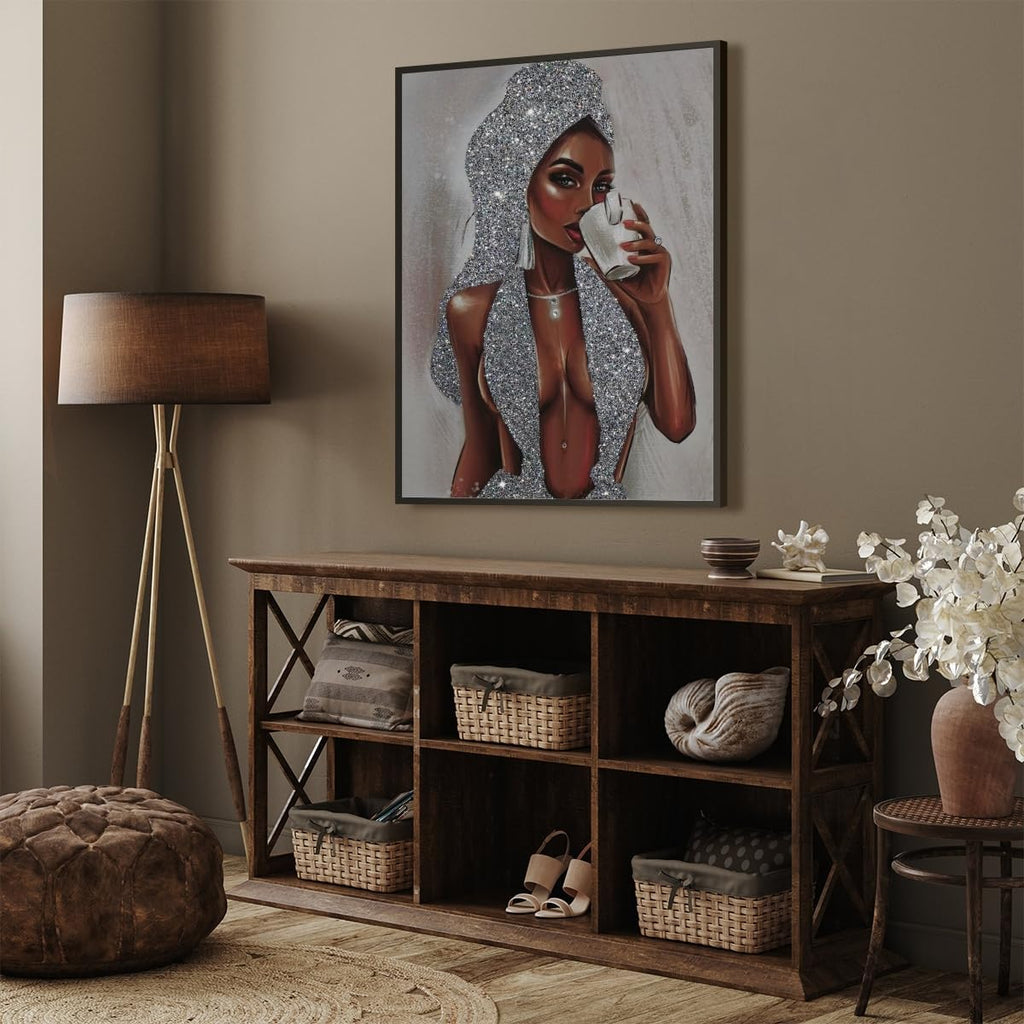 African American Black Women Wall Art Girl Popular Canvas Print Painting Black Woman Silver Glitter Textured Posters for Home Living Room Bethroom dorm Bathroom Wall Decor 20x30inch Black Framed