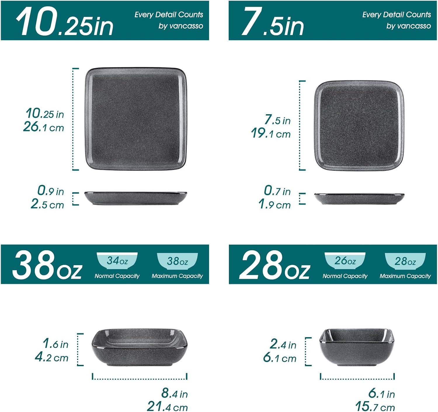 vancasso Stern Gray Dinnerware Set Square Reactive Glaze Tableware 16 Pieces Kitchen Dinnerware Stoneware Crockery Set with Dinner Plate, Dessert Plate, Bowl and Soup Plate Service for 4