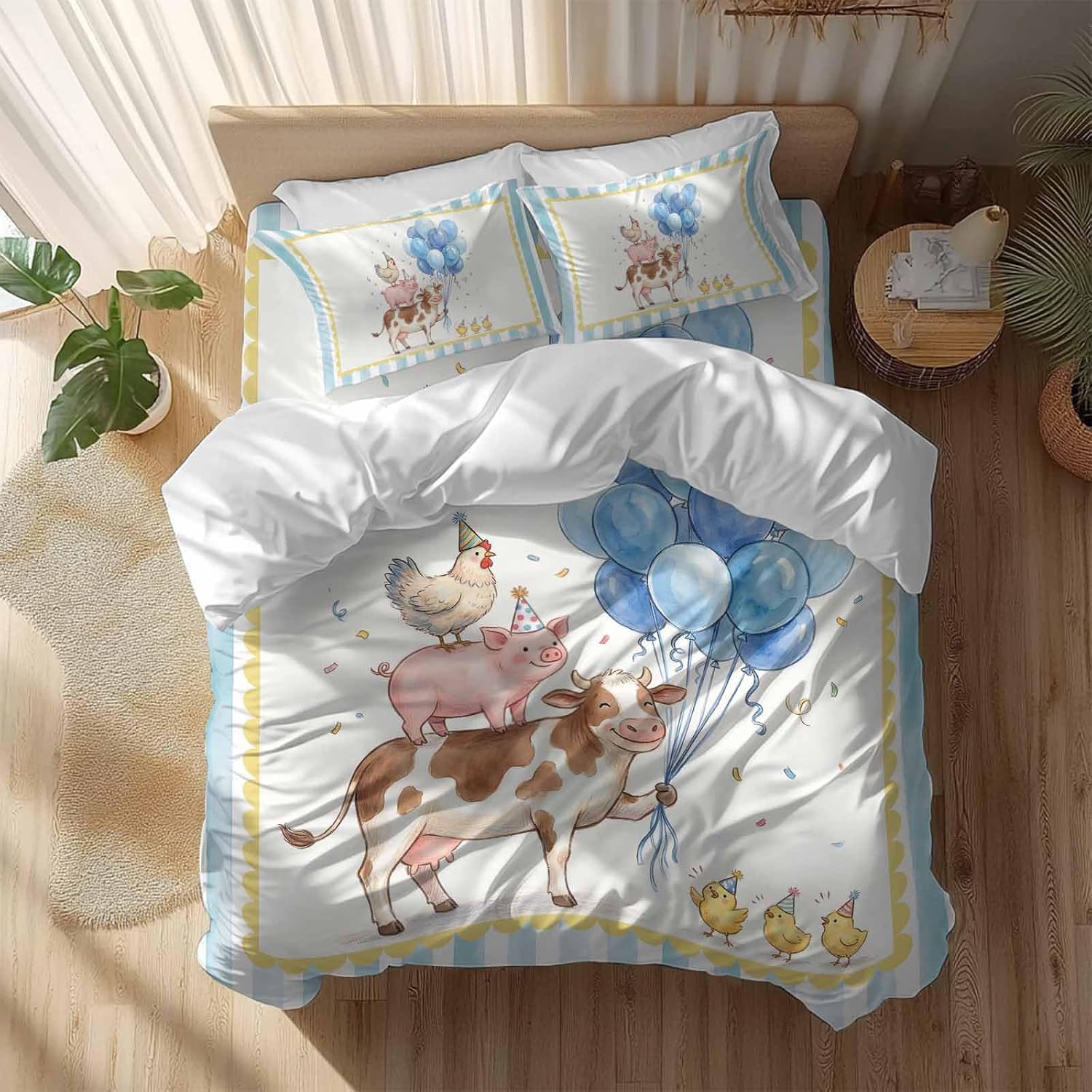 Pig Cow Duvet Cover Set Queen Size 4 Pieces Hen Chicks Blue Balloons Watercolor Animal Yellow Border Striped Bedding Set with Zipper Closure,1 Comforter Cover 90x92 Inches 1 Flat Sheet&2 Pillow Cases
