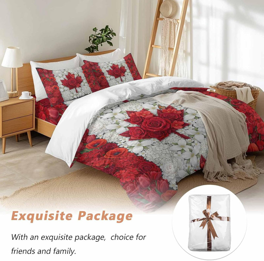 Prime Leader Floral Duvet Cover Set Queen Size 4 Pieces Watercolor White Red Flowers Canada Flag Style Bedding Set with Zipper Closure, 1 Comforter Cover 86x86 Inches 1 Flat Sheet & 2 Pillow Cases