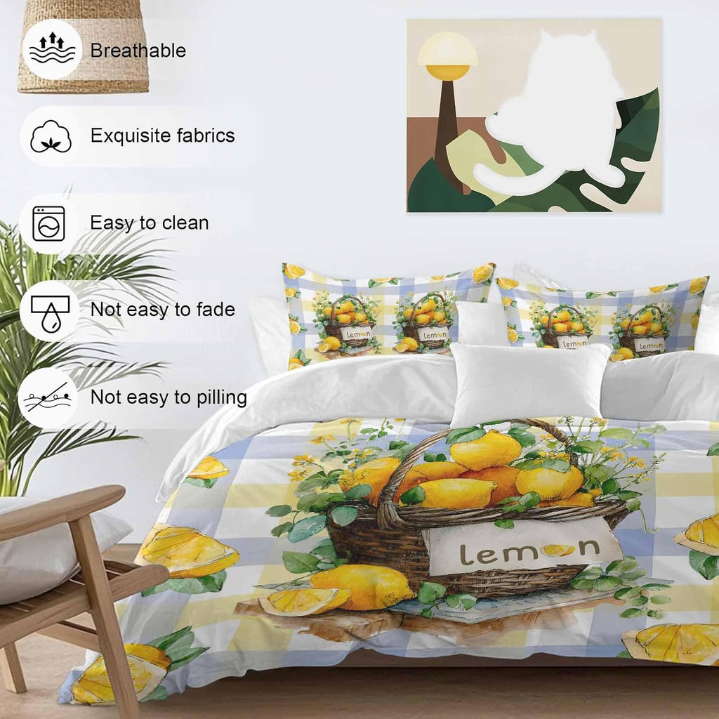 Summer Fruit Duvet Cover Set Queen Size 4 Pieces Watercolor Lemon Frame Letter Print Blue Yellow Plaid Bedding Set with Zipper Closure, 1 Comforter Cover 90x92 Inches 1 Flat Sheet & 2 Pillow Cases