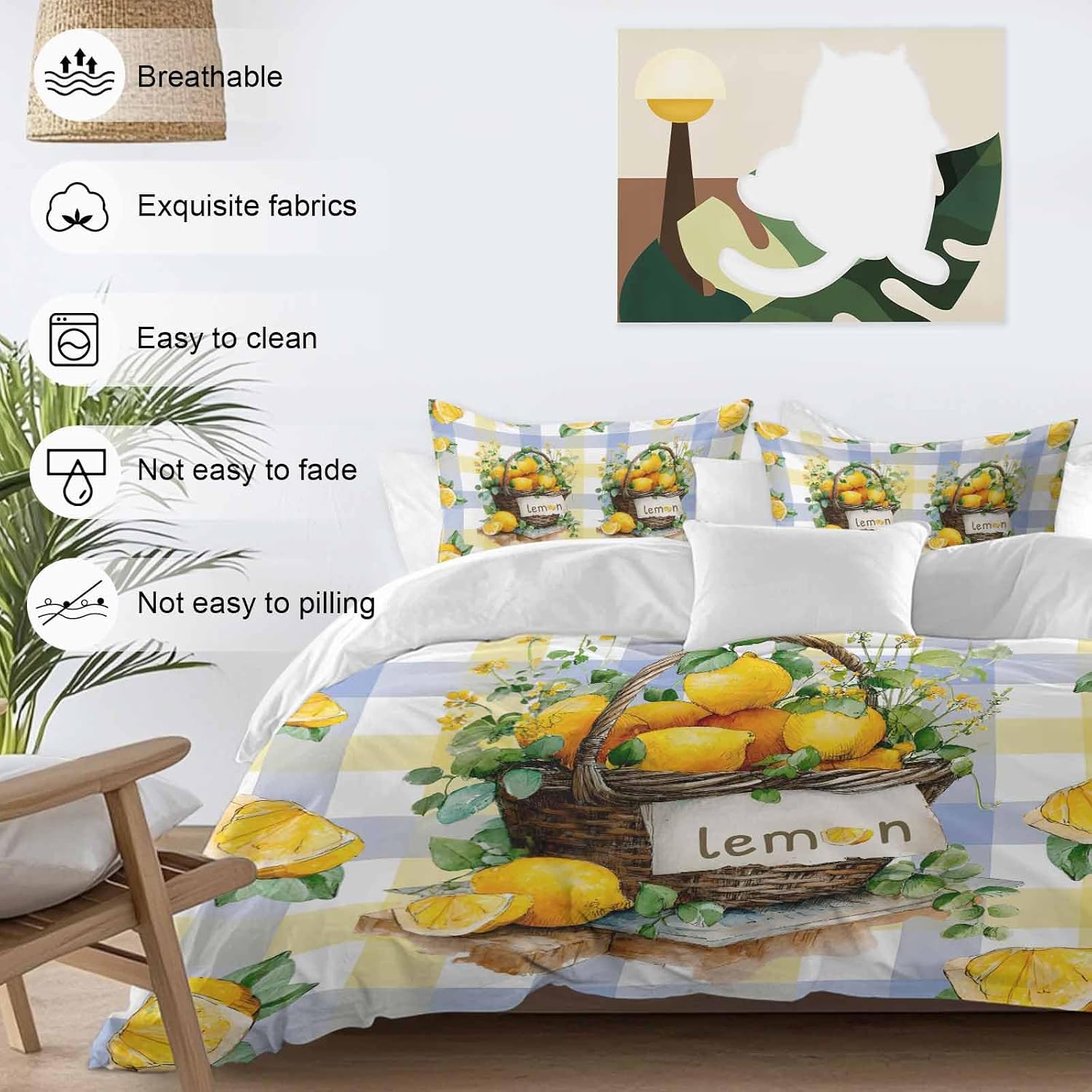 Summer Fruit Duvet Cover Set Queen Size 4 Pieces Watercolor Lemon Frame Letter Print Blue Yellow Plaid Bedding Set with Zipper Closure, 1 Comforter Cover 90x92 Inches 1 Flat Sheet & 2 Pillow Cases