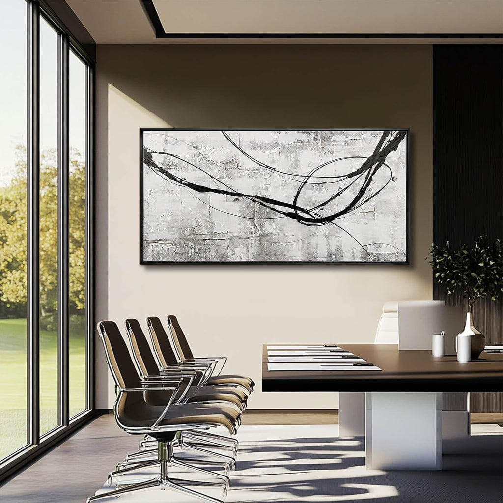 Abstract Framed Wall Art for Living Room White Pictures Canvas Black Arts Wall Decor Poster Prints Artwork for Hotel Gallery 24'x48'