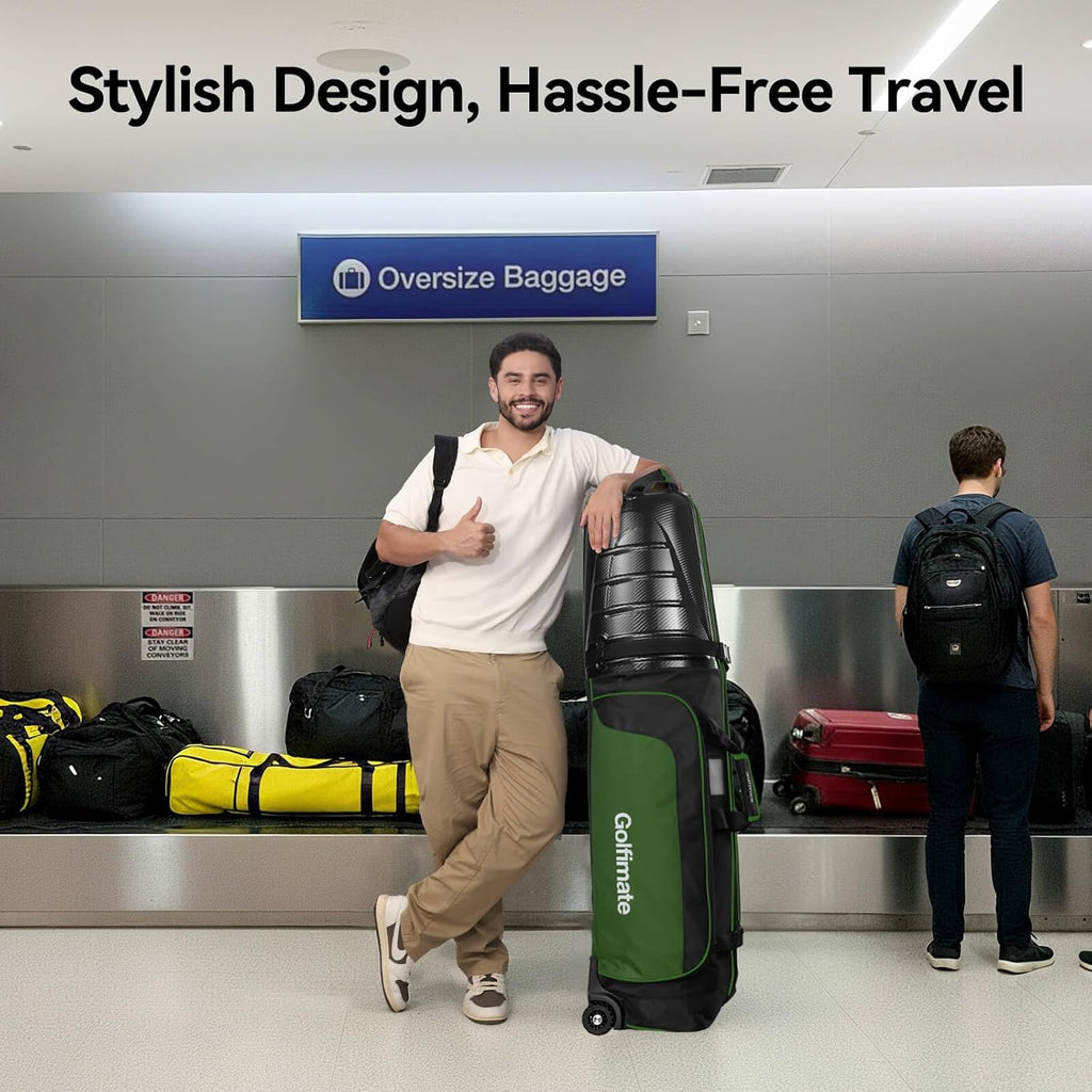 Golf Travel Bags for Airlines with Carbon Fiber Hard Top, Protective Club Traveling Cover with Wheel, Golf Club Carrier Case for Airplanes, Thick Padding, Durable Zippers and 2 Sided Spacious Pockets