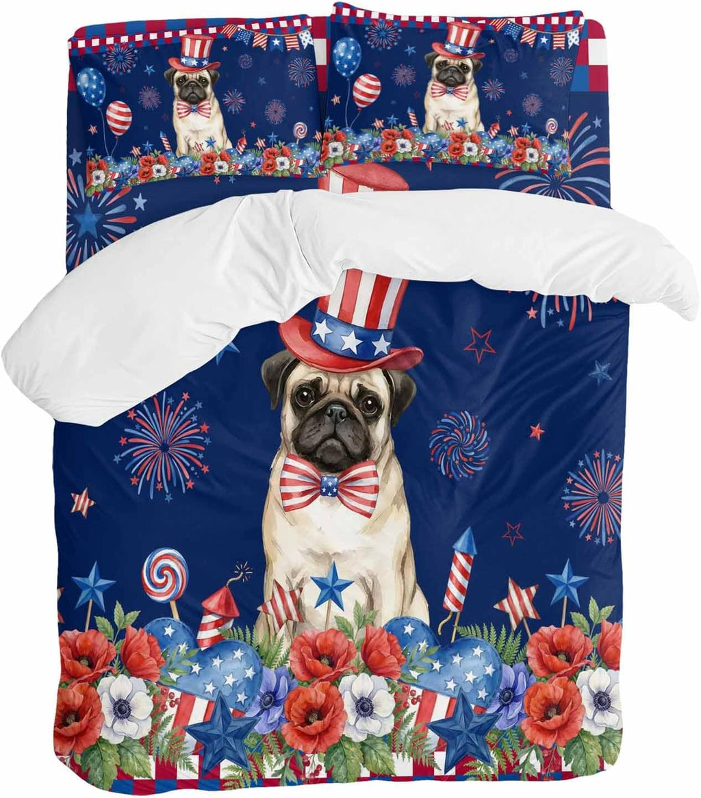 Independence Day Duvet Cover Set Queen Size 4 Pieces Cartoon Pug Dog Cute Puppy Colorful Poppy Bedding Set with Zipper Closure, 1 Comforter Cover 86x86 Inches 1 Flat Sheet & 2 Pillow Cases