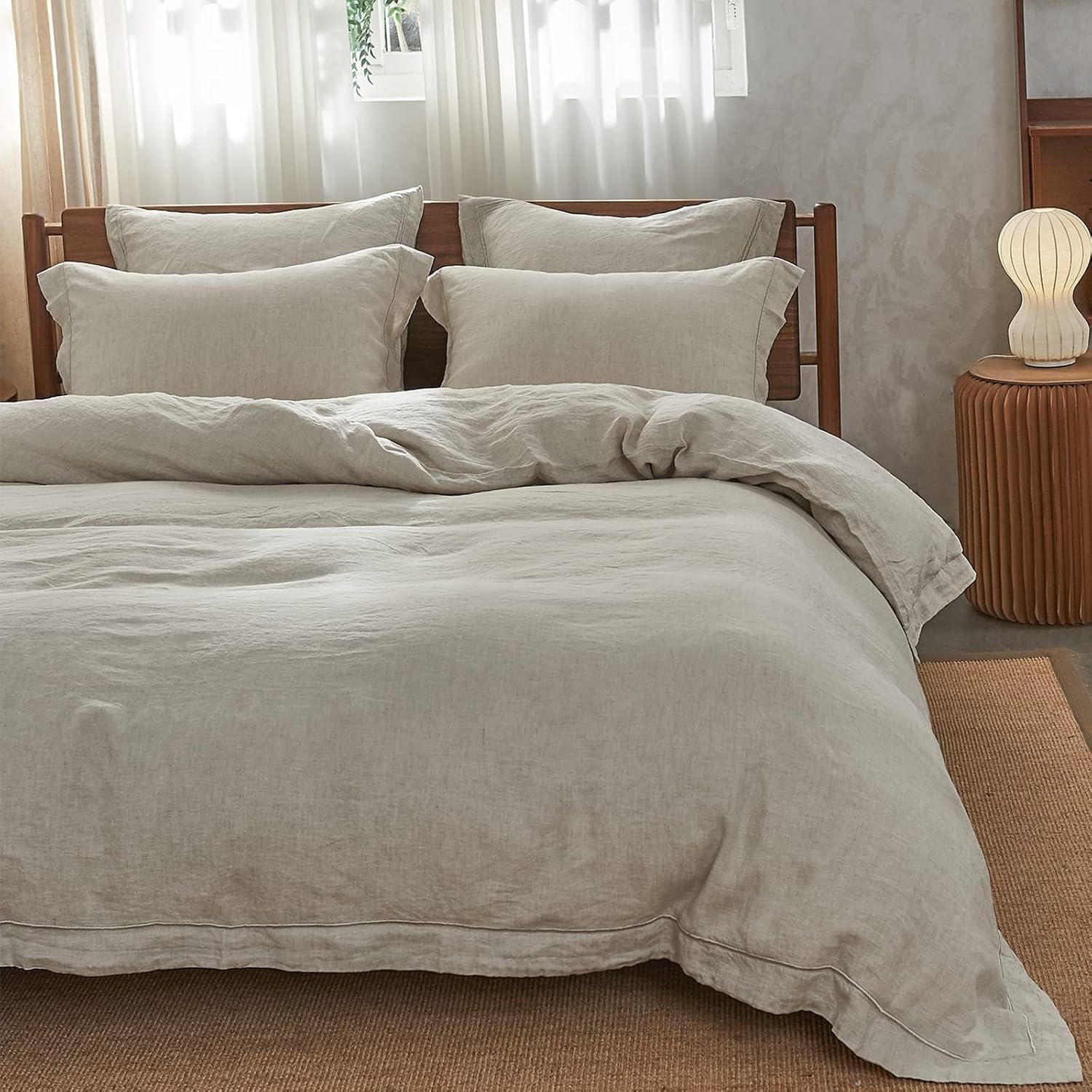 Simple&Opulence 100% Linen Duvet Cover Set with Embroidery Border Washed - 2 Pieces (1 Duvet Cover & 1 Pillow Sham) with Button Closure Soft Breathable Farmhouse - Linen, Twin Size