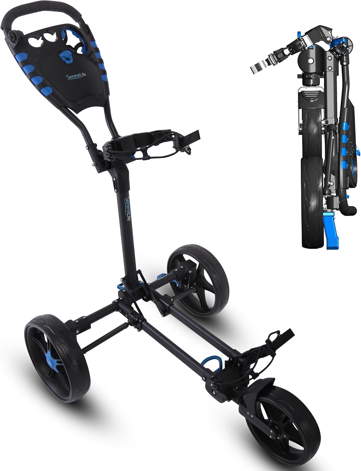SereneLife Golf Cart Lightweight Foldable Golf Push Cart - Aluminum Folding Trolley with Adjustable Handle, Elastic Bag Straps, Dual Brakes, Scorecard & Cup Holders for Easy Maneuverability