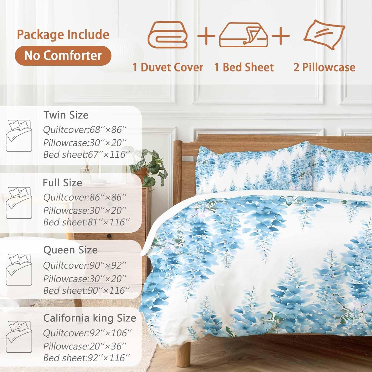 Prime Leader Blue Flowers Duvet Cover Set Queen Size 4 Pieces Watercolor Blue Wisteria Floral Bedding Set with Zipper Closure, 1 Comforter Cover 86x86 Inches 1 Flat Sheet & 2 Pillow Cases