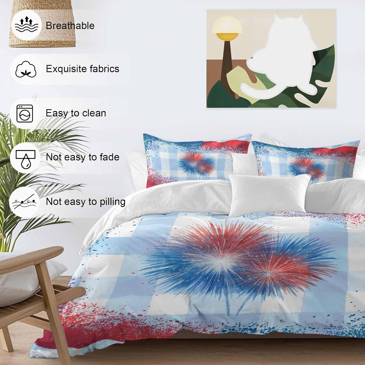 Independence Day Firework Duvet Cover Set Queen Size 4 Pieces 4th of July American Flag Blue Plaid Bedding Set with Zipper Closure, 1 Comforter Cover 86x86 Inches 1 Flat Sheet & 2 Pillow Cases