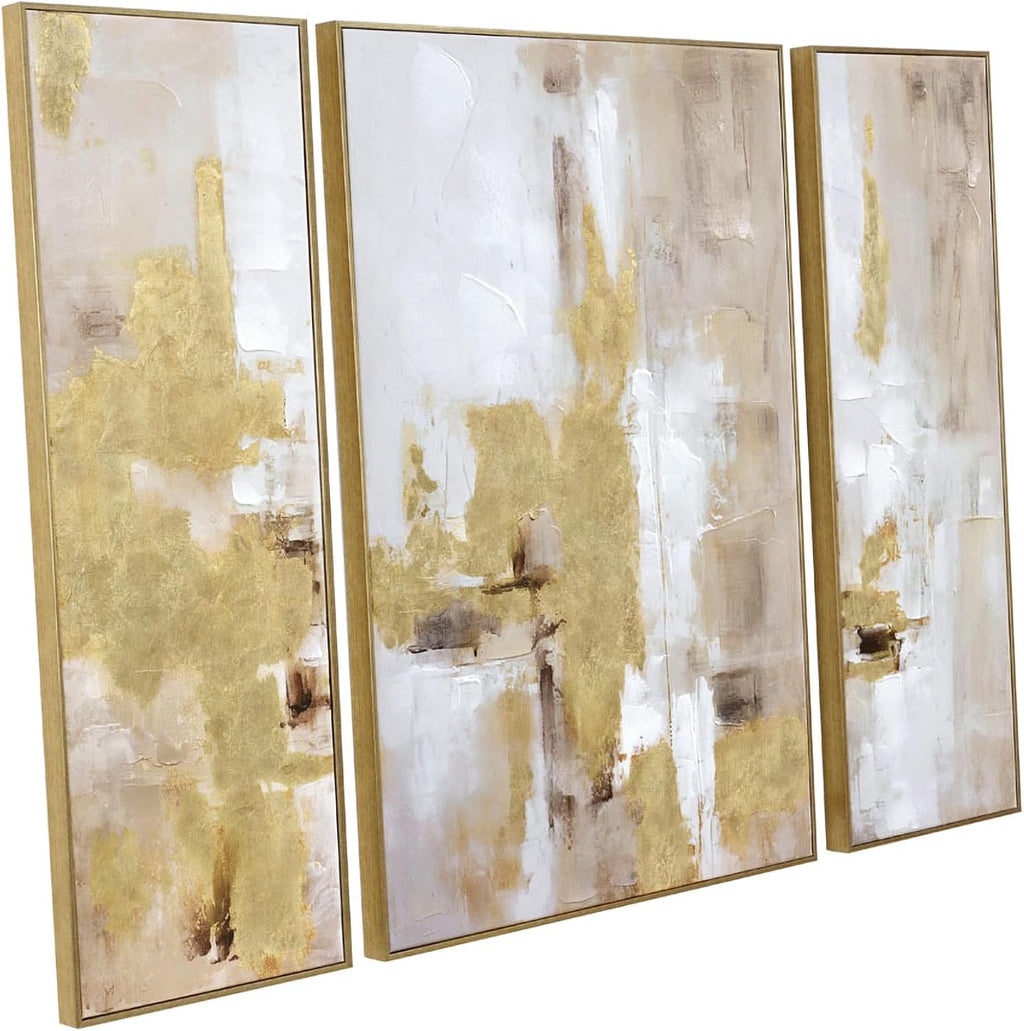 3 Piece Abstract Wall Art for Living Room – Gold and Beige Modern Textured Canvas Prints with Hand-Applied Brush Strokes, Large Wall Decor for Bedroom, Office, or Dining Room, 2 Piece 12 x 36 and 1 Piece 24 x 36 Inches