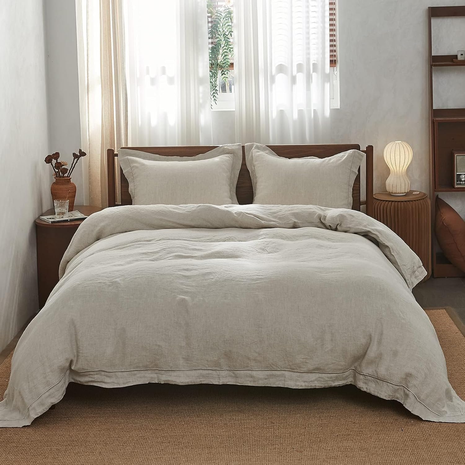 Simple&Opulence 100% Linen Duvet Cover Set with Embroidery Border Washed - 2 Pieces (1 Duvet Cover & 1 Pillow Sham) with Button Closure Soft Breathable Farmhouse - Linen, Twin Size