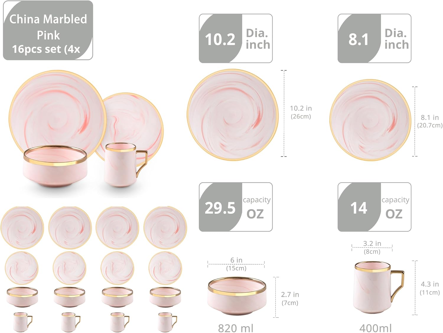 16 Piece Plates and Bowls Sets, Fine China Artisan Marbled Dinner Set for 4, Dishwasher Safe, Scratch Resistant, Pink with Gold Line