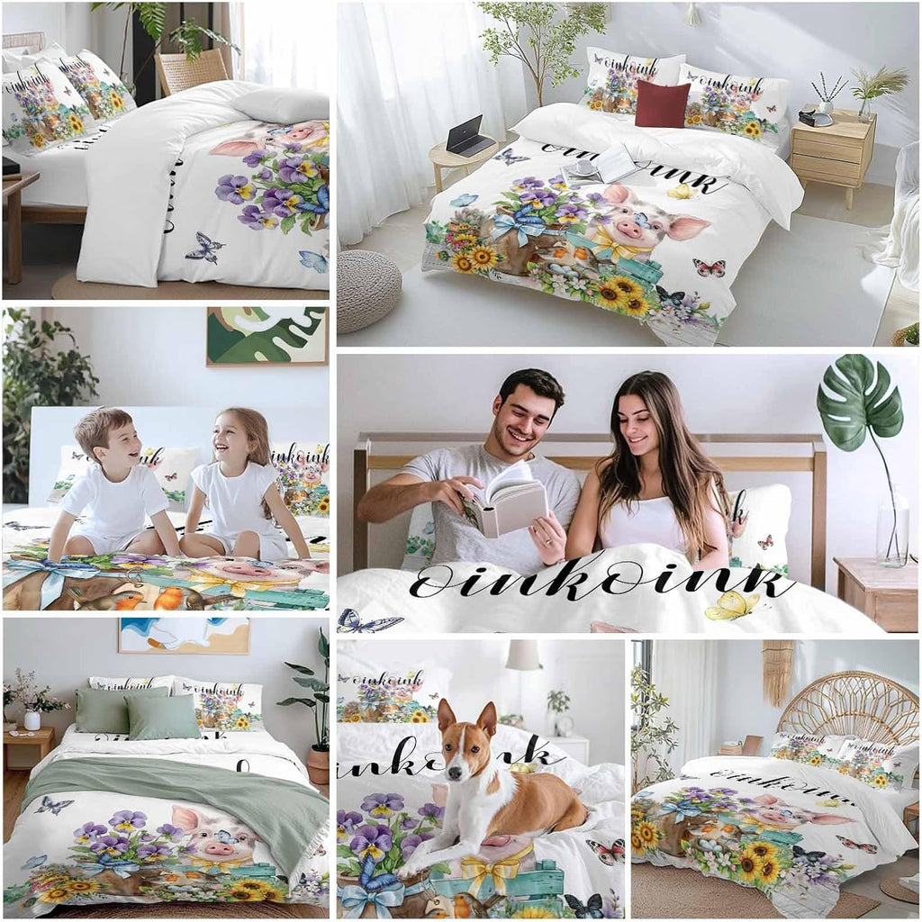 Prime Leader Floral Animals Duvet Cover Set Queen Size 4 Pieces Retro Flowers Fence Pig Birds Butterfly Bedding Set with Zipper Closure, 1 Comforter Cover 90x92 Inches 1 Flat Sheet & 2 Pillow Cases