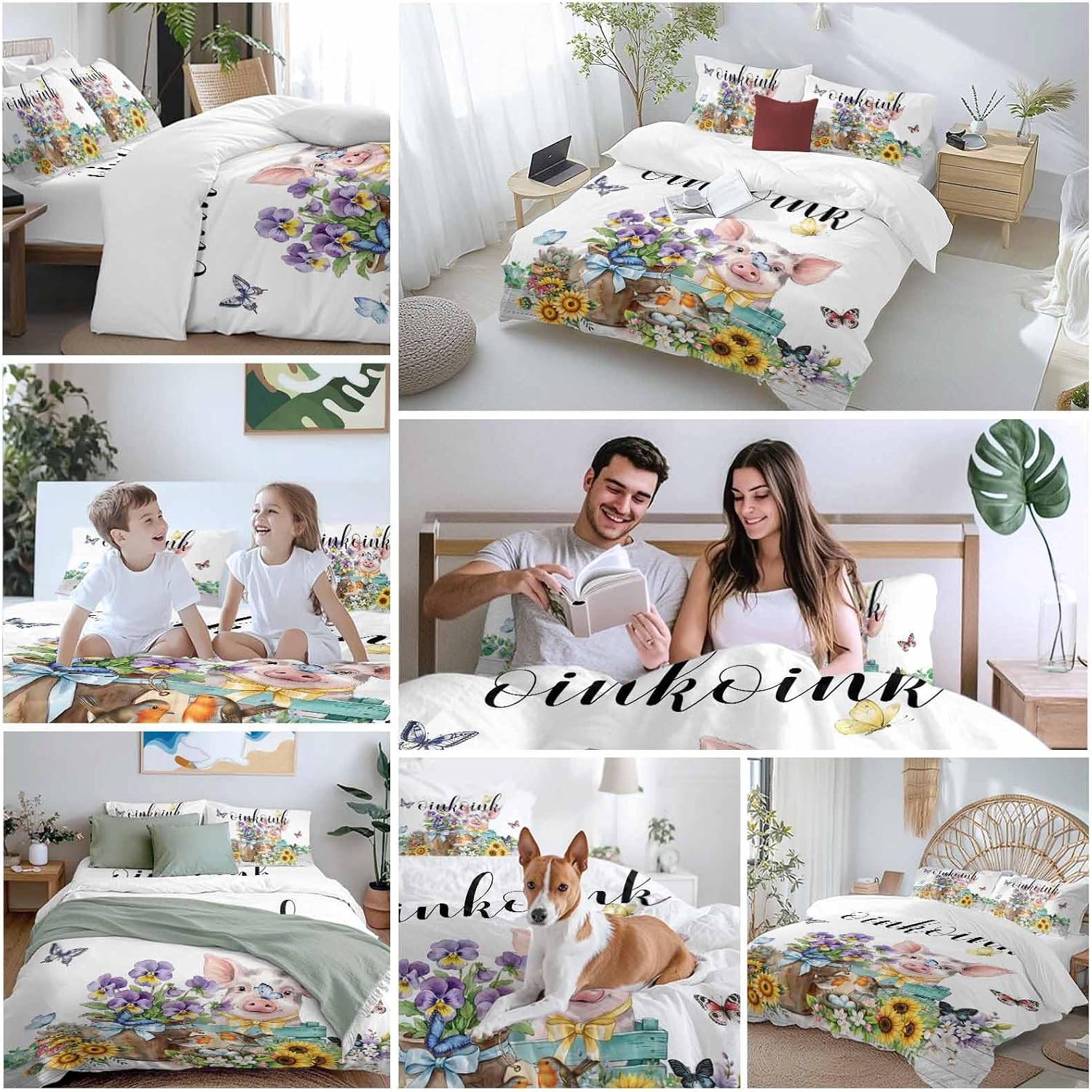 Prime Leader Floral Animals Duvet Cover Set Queen Size 4 Pieces Retro Flowers Fence Pig Birds Butterfly Bedding Set with Zipper Closure, 1 Comforter Cover 90x92 Inches 1 Flat Sheet & 2 Pillow Cases