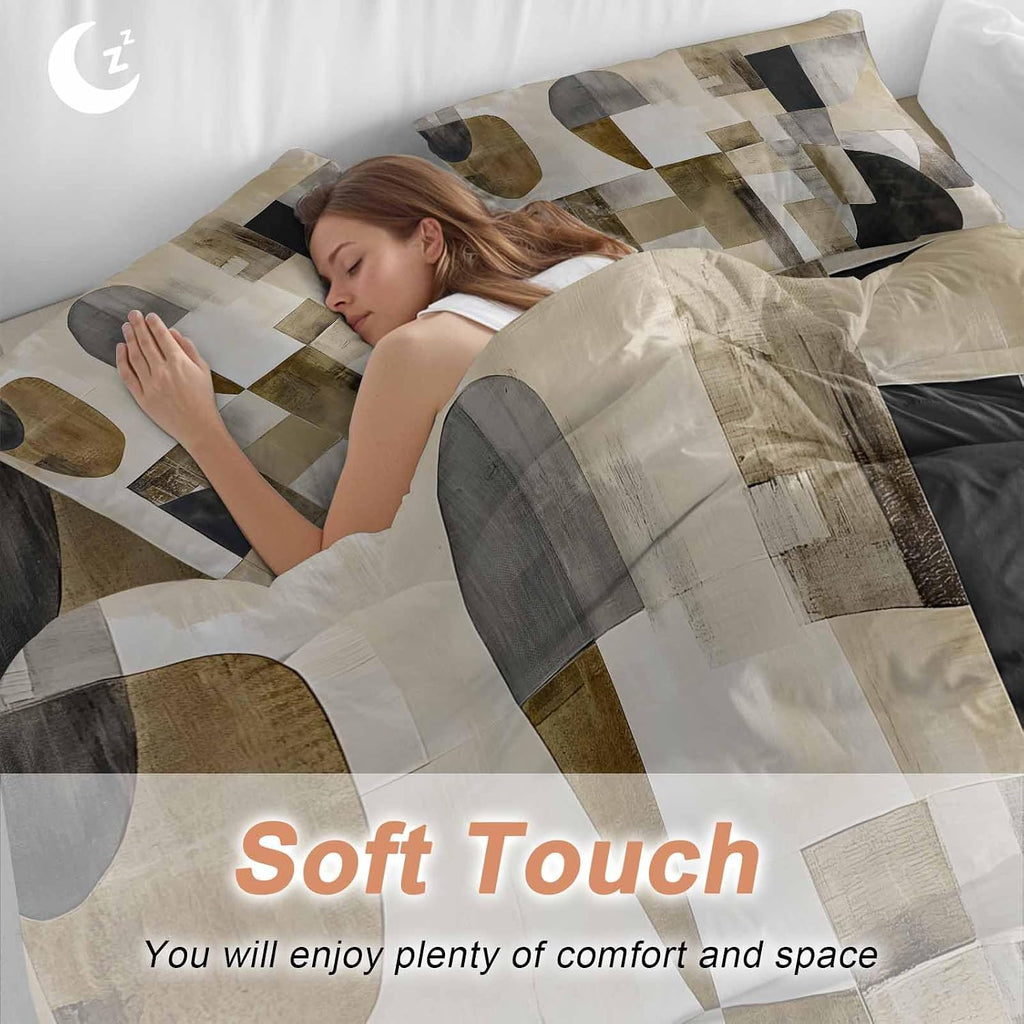 Prime Leader Abstract Duvet Cover Set Queen Size 4 Pieces Brown Black Color Block Geometric Contemporary Bedding Set with Zipper Closure, 1 Comforter Cover 86x86 Inches 1 Flat Sheet & 2 Pillow Cases