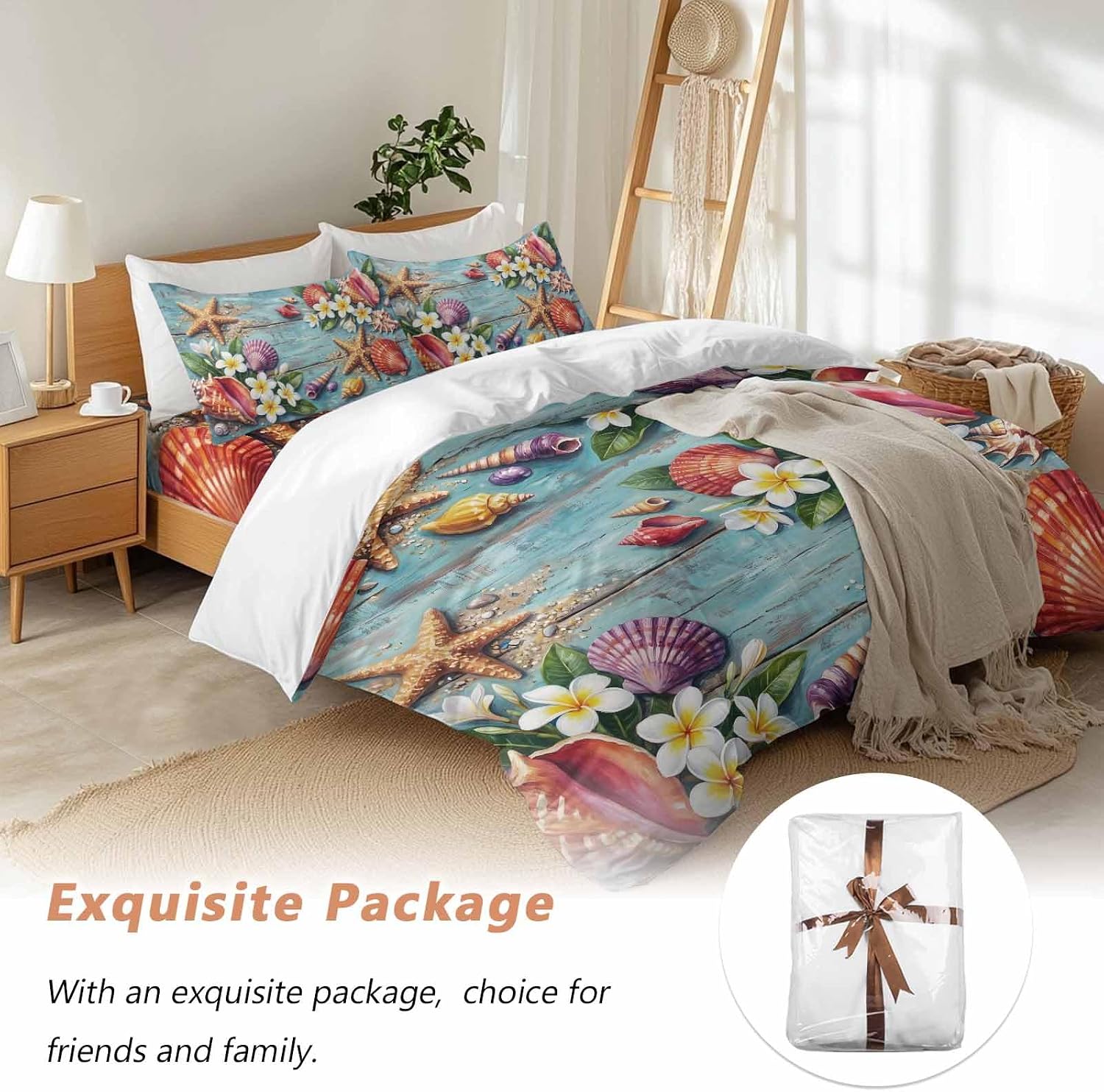 Ocean Beach Duvet Cover Set Queen Size 4 Pieces Summer Starfish Shell Flowers Leaf Blue Wooden Bedding Set with Zipper Closure, 1 Comforter Cover 86x86 Inches 1 Flat Sheet & 2 Pillow Cases