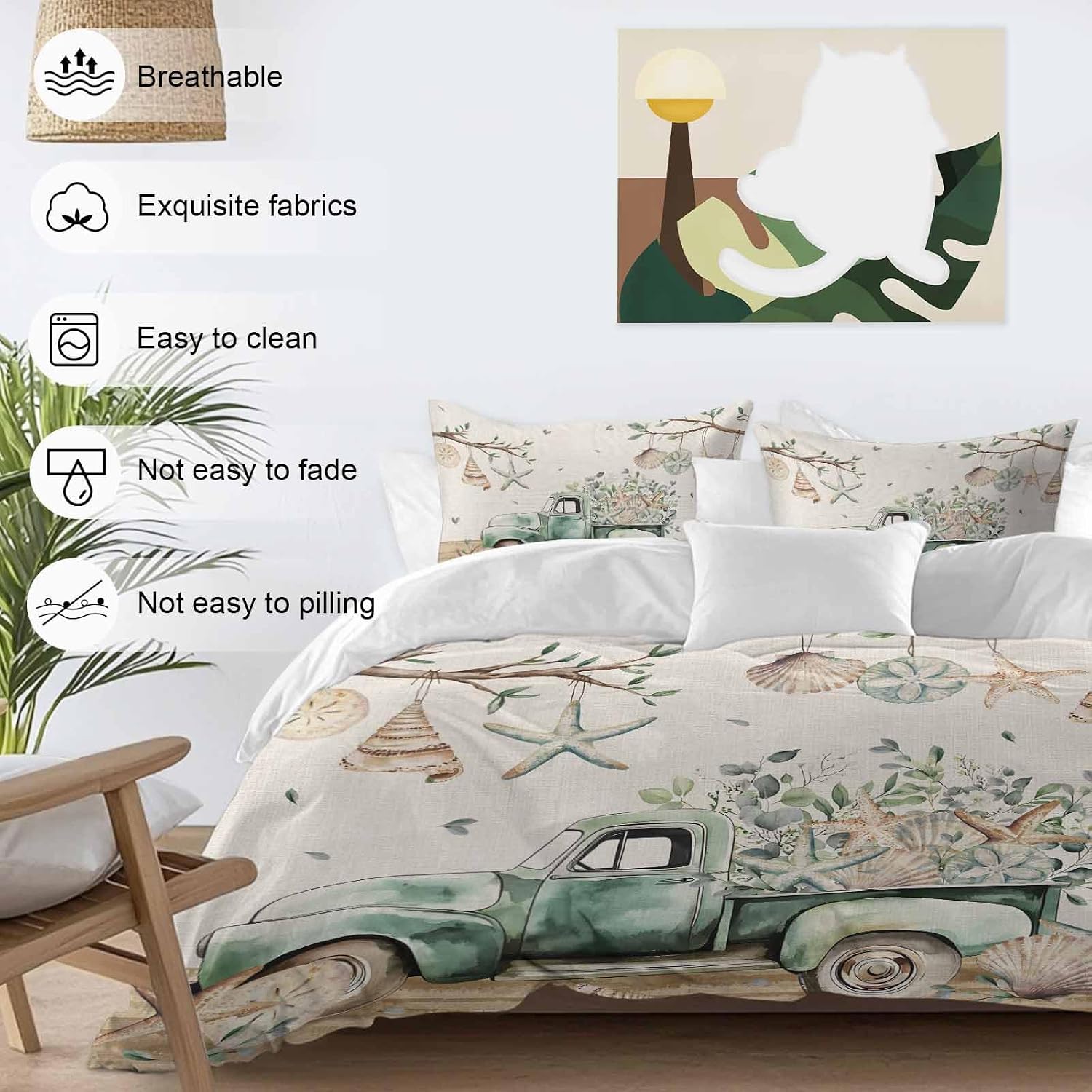 Prime Leader Sage Green Truck Duvet Cover Set Queen Size 4 Pieces Ocean Starfish Shell Summer Leaf Wood Bedding Set with Zipper Closure, 1 Comforter Cover 90x92 Inches 1 Flat Sheet & 2 Pillow Cases