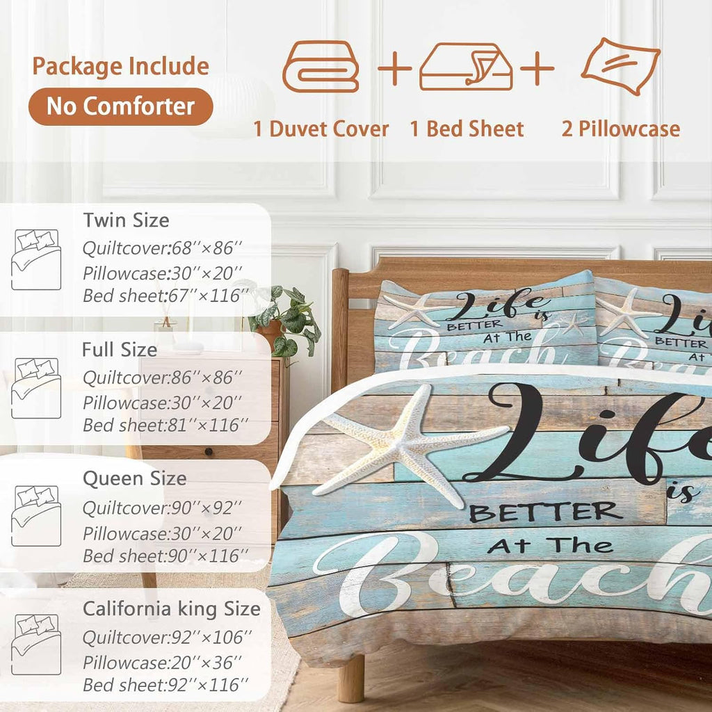 Life Is Duvet Cover Set Queen Size 4 Pieces Better at The Beach Summer Starfish Teal Wood Grain Bedding Set with Zipper Closure, 1 Comforter Cover 90x92 Inches 1 Flat Sheet & 2 Pillow Cases