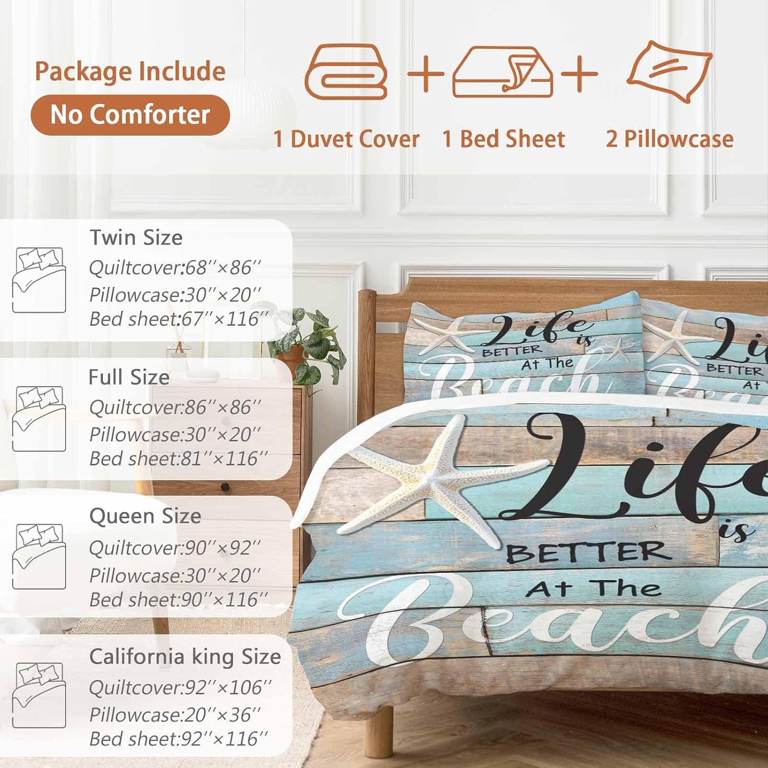Life Is Duvet Cover Set Queen Size 4 Pieces Better at The Beach Summer Starfish Teal Wood Grain Bedding Set with Zipper Closure, 1 Comforter Cover 90x92 Inches 1 Flat Sheet & 2 Pillow Cases