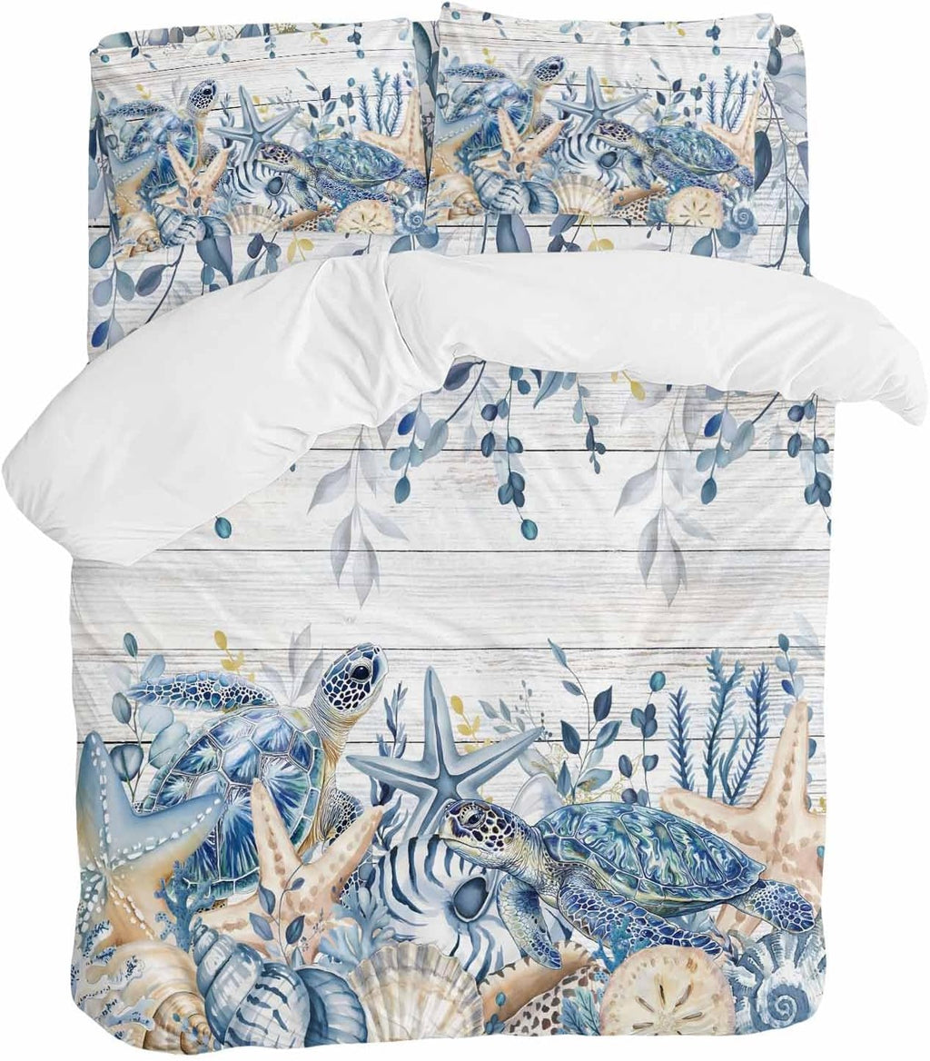 Prime Leader Ocean Turtle Duvet Cover Set Queen Size 4 Pieces Retro Sea Stars Shells Blue Leaf Wood Grain Bedding Set with Zipper Closure, 1 Comforter Cover 90x92 Inches 1 Flat Sheet & 2 Pillow Cases