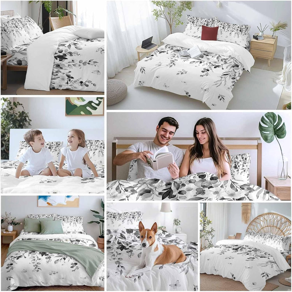Summer Botanical Duvet Cover Set Queen Size 4 Pieces Gray Eucalyptus Leaves Rustic Farmhouse Pastoral Bedding Set with Zipper Closure, 1 Comforter Cover 90x92 Inches 1 Flat Sheet & 2 Pillow Cases