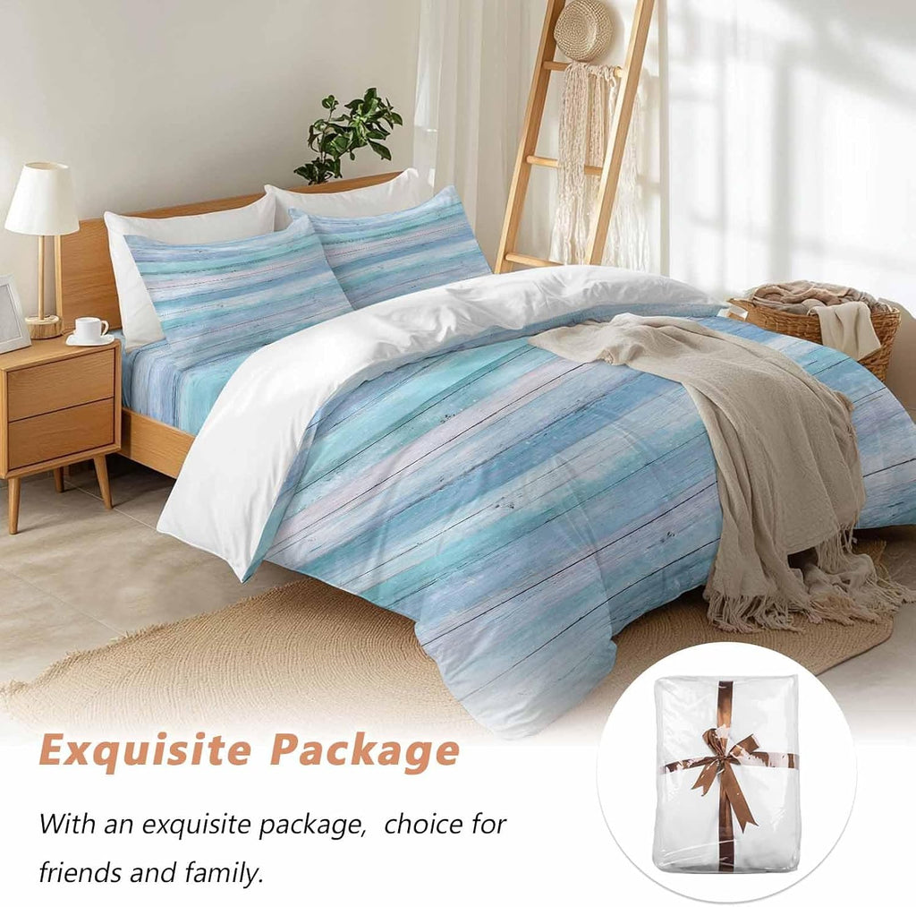 Prime Leader Summer Duvet Cover Set Queen Size 4 Pieces Gradient Blue Wood Grain Rustic Farmhouse Modern Bedding Set with Zipper Closure, 1 Comforter Cover 92x106 Inches 1 Flat Sheet & 2 Pillow Cases