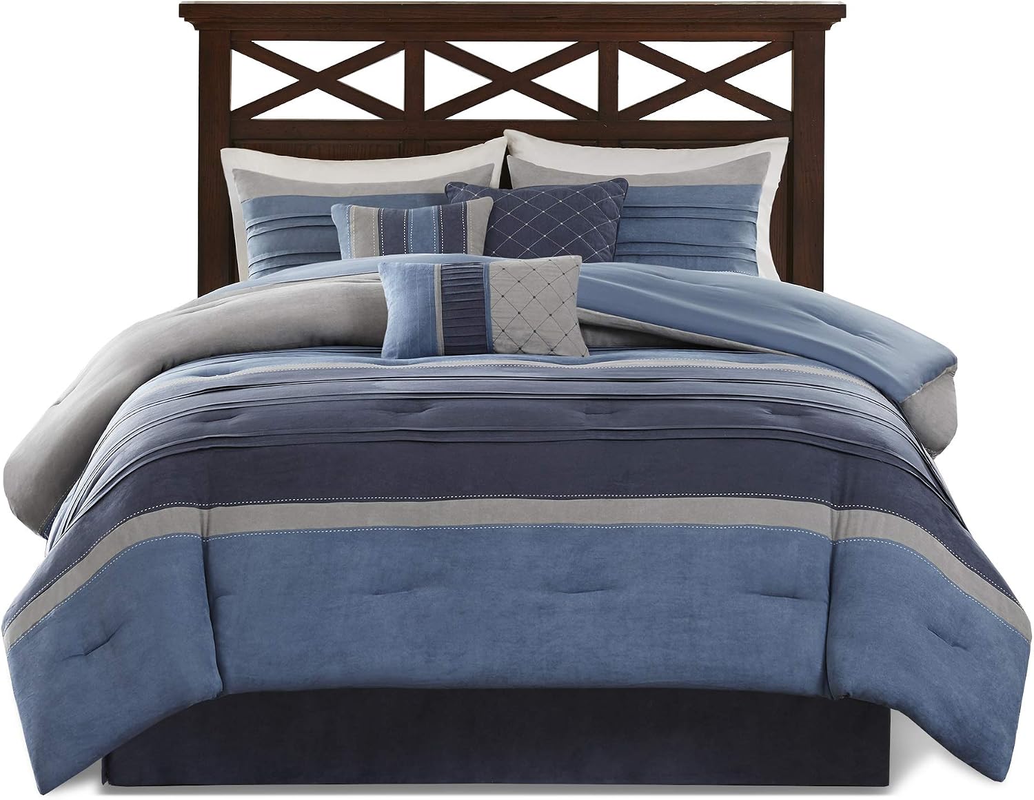 Madison Park Cozy Comforter Set Casual Modern Design - All Season Bedding, Matching Bed Skirt, Decorative Pillows, Collins, Suede Blue Grey King(104'x92') 7 Piece