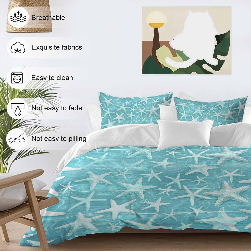 Summer Duvet Cover Set Queen Size 4 Pieces Coastal Watercolor Teal White Sea Starfish Wood Grain Bedding Set with Zipper Closure, 1 Comforter Cover 92x106 Inches 1 Flat Sheet & 2 Pillow Cases
