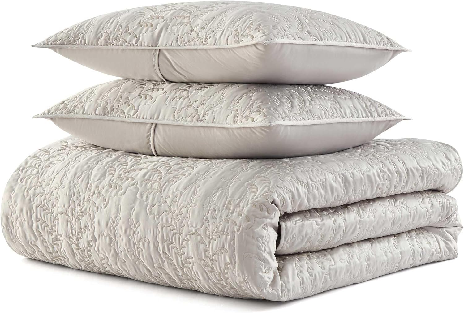 Martha Stewart - King Size Quilt Set, Soft & Smooth Sateen Bedding with a Light and Breathable Feel, 3 Piece Bed Set with Matching Pillowcases (Fern Embroidery Grey)