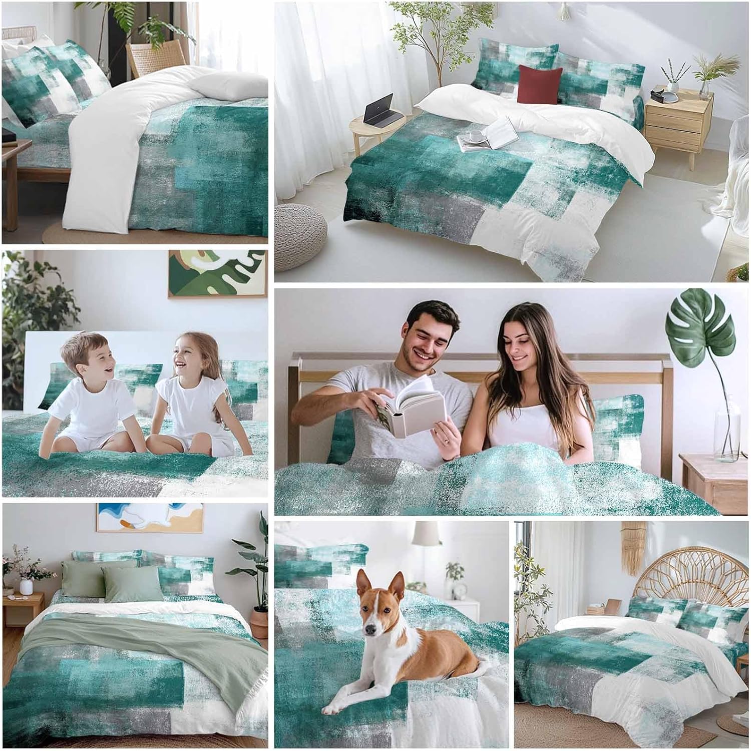 Abstract Art Duvet Cover Set Queen Size 4 Pieces Gradient Turquoise Vintage Minimalist Style Bedding Set with Zipper Closure, 1 Comforter Cover 92x106 Inches 1 Flat Sheet & 2 Pillow Cases