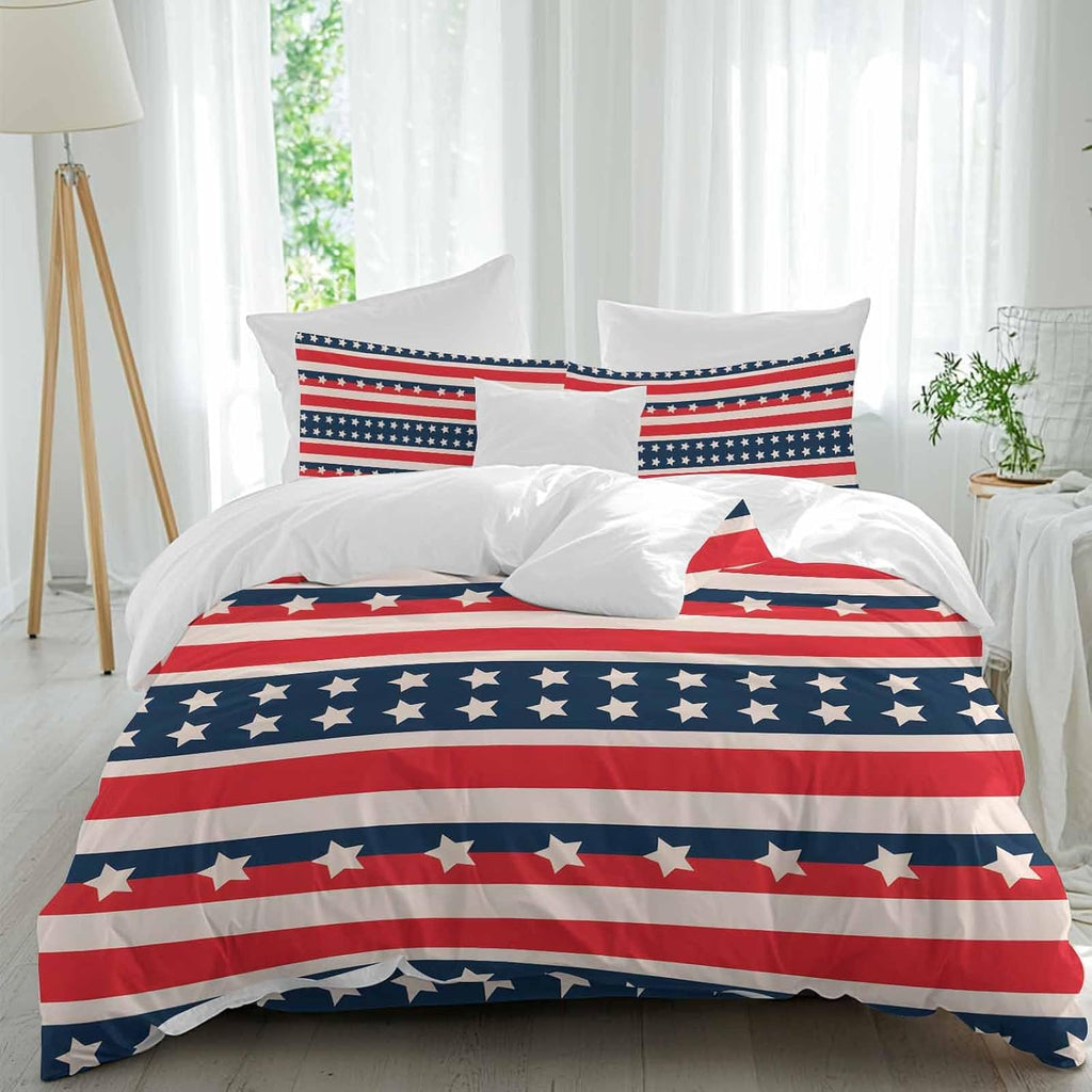 Prime Leader Independence Day Duvet Cover Set Queen Size 4 Pieces Vintage Classic Red White Blue Stripes Bedding Set with Zipper Closure, 1 Comforter Cover 86x86 Inches 1 Flat Sheet & 2 Pillow Cases