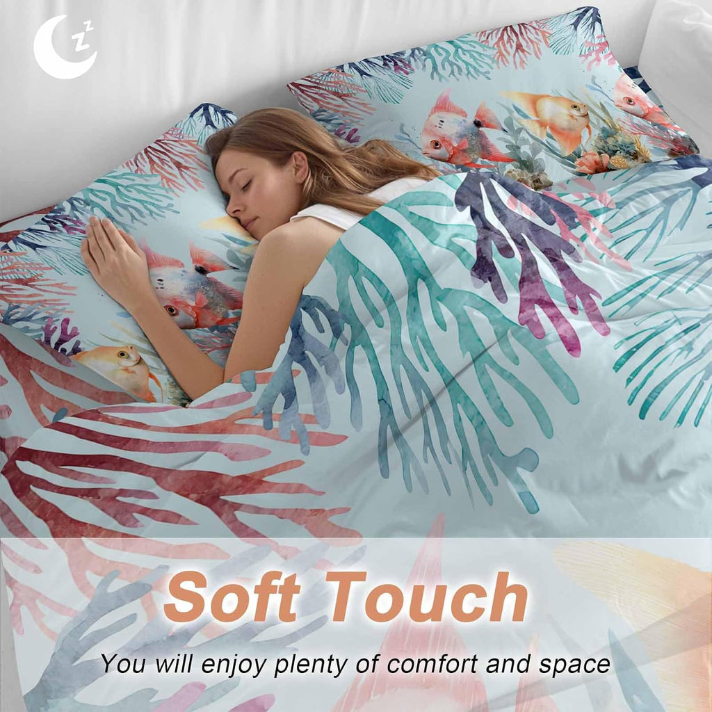 Summer Fish Duvet Cover Set Queen Size 4 Pieces Nautical Watercolor Orange Red Marine Life Coral Seaweed Bedding Set with Zipper Closure, 1 Comforter Cover 86x86 Inches 1 Flat Sheet & 2 Pillow Cases