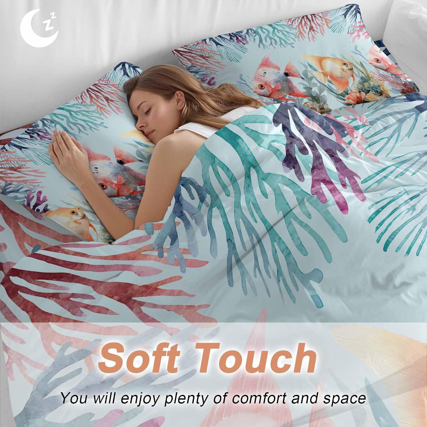 Summer Fish Duvet Cover Set Queen Size 4 Pieces Nautical Watercolor Orange Red Marine Life Coral Seaweed Bedding Set with Zipper Closure, 1 Comforter Cover 86x86 Inches 1 Flat Sheet & 2 Pillow Cases