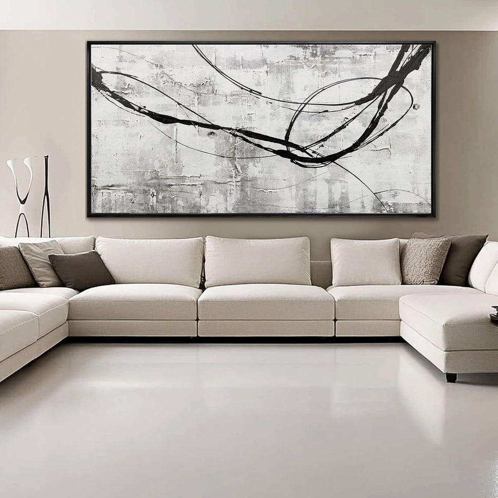 XIANSHOU Black Line Canvas Pictures Gray Decorative Painting 29'x58' Wood Wall Art Modern Art Prints Abstract Wall Art for Living Room Wall Pictures for Bedroom